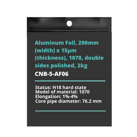 Aluminum Foil, 200mm (width) x 15μm (thickness), 1070, double sides polished, 2kg