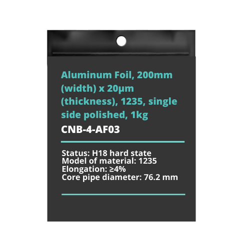 Aluminum Foil, 200mm (width) x 20μm (thickness), 1235, single side polished, 1kg