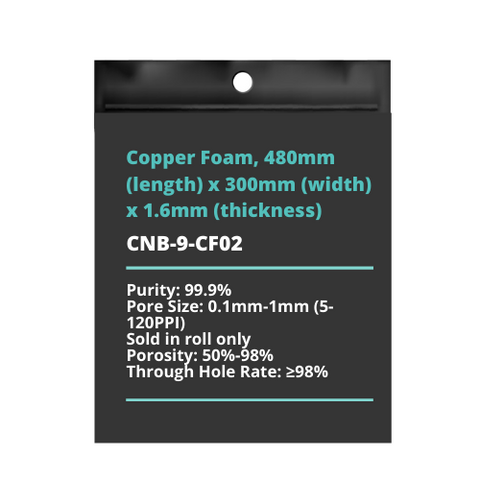 Copper Foam, 480mm (length) x 300mm (width) x 1.6mm (thickness)